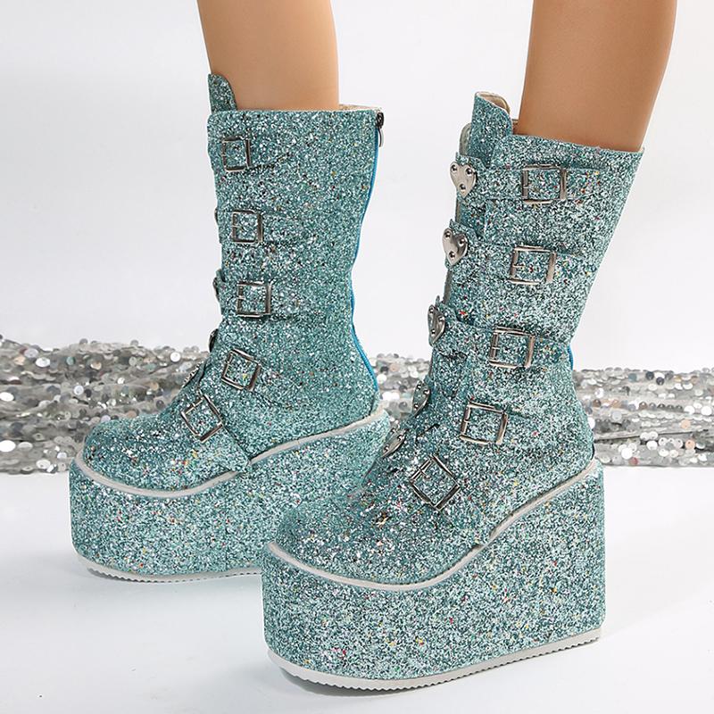 

Модні мотоциклетні черевики на платформі з пайетками і блискітками Жіночі черевики в стилі панк Y2K з пряжкою в формі серця Жіночі 2024 Туфлі на танкетці до середини ікри Botas Розмір 43 35 синій