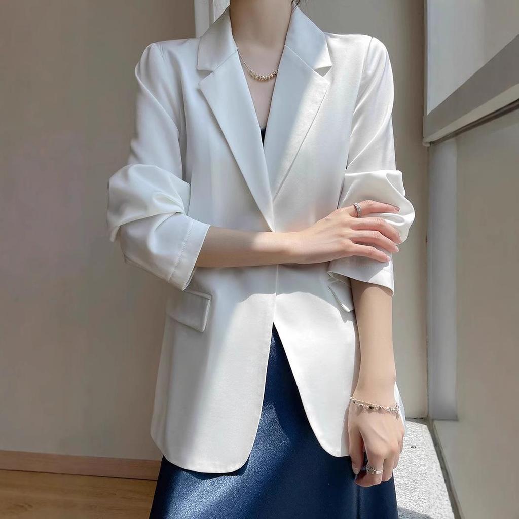White Silk Satin Women's Suit Jacket - High-End Korean Style for Spring/Autumn 2025