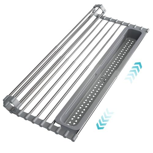 JASIWAY Folding Dish Drainer, Over-the-Sink Dish Drainer, Dish Rack, Rust-Resistant, Kitchen Supplies, Drying Basket, 60*32cm (Silver)