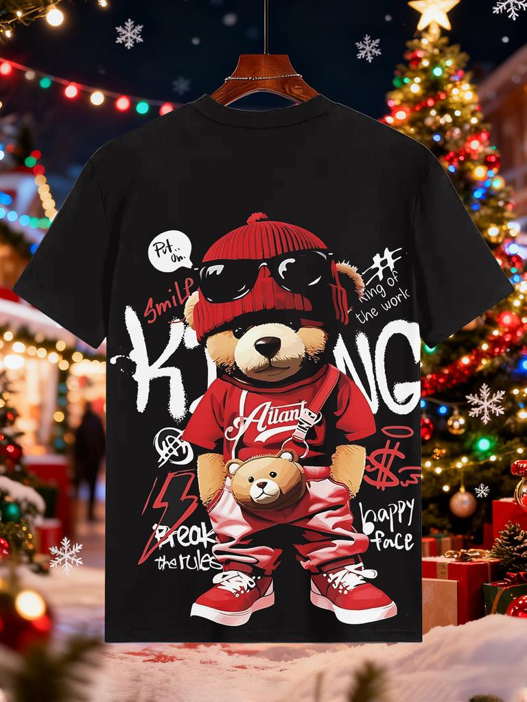 Men's Bear Graffiti Streetwear T-Shirt - Urban Crew Neck Short Sleeve Tee with Bear Print, Machine Washable Casual Shirt Suitable for Daily Wear &