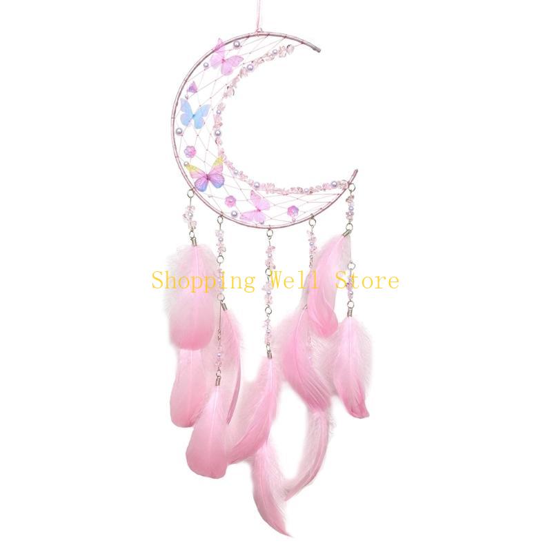KX4B Handmade Woven Moon Dreamcatchers Wall Decorations Crystal Flower Butterfly Feathered Wall Hangings Decors for Bedroom