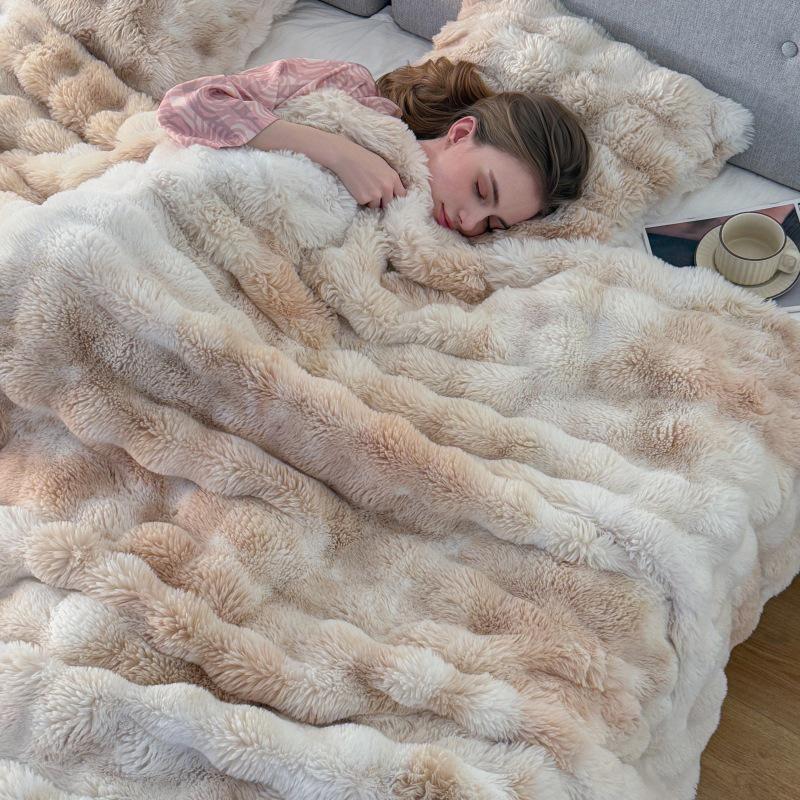 Double-Sided Tie-Dye Faux Rex Rabbit Fleece Throw Blanket