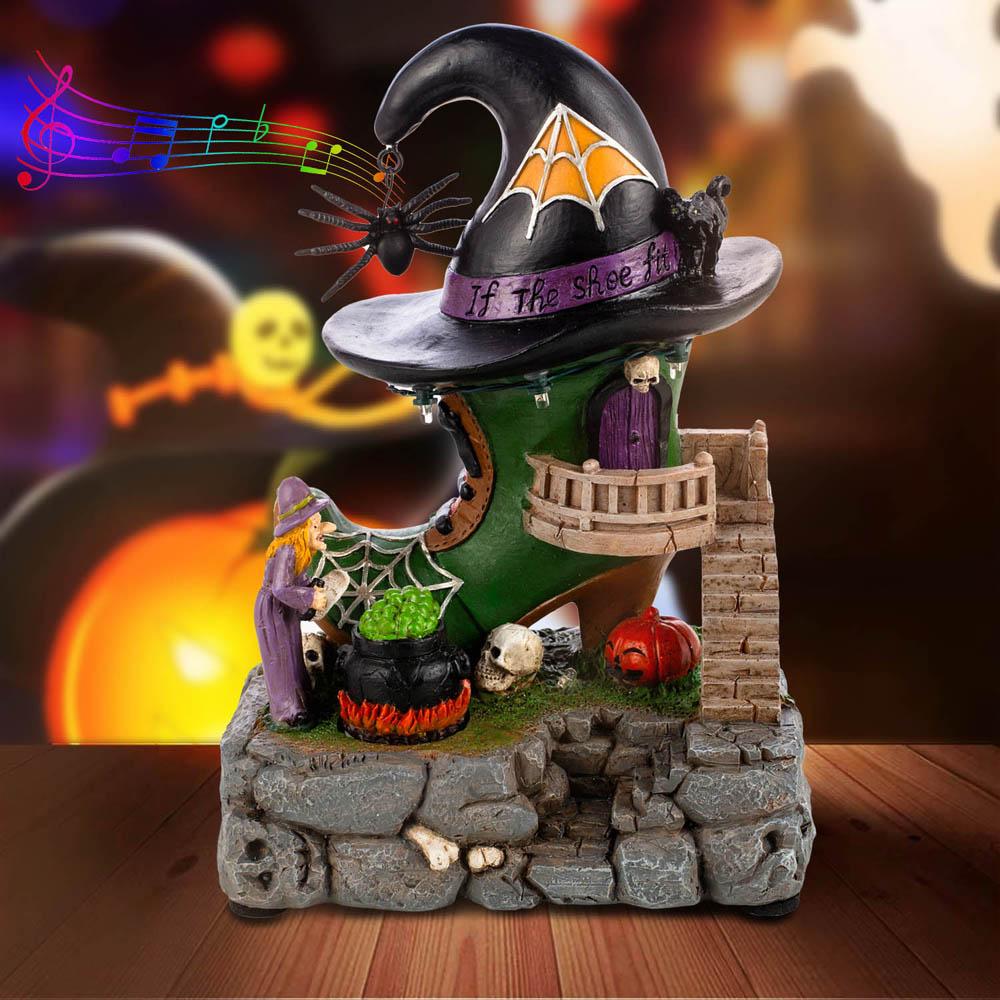 Halloween Village Antique Witch Shoe Shop Lit Building House and Rotating Cauldron Bubble, with Spider Accessories and LED Light