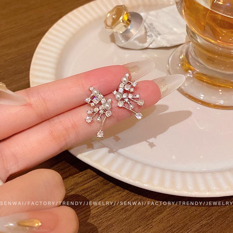 Micro-inlaid zircon pearl fringed earrings women s light luxury niche bright fireworks stud earrings new earrings