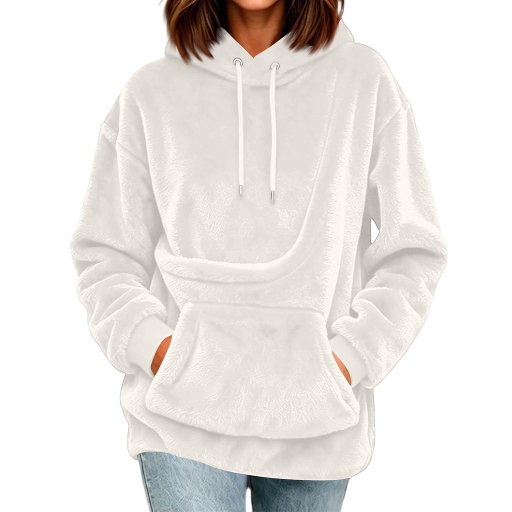 Women's Casual Color Hoodie - Loose Fit Plush Pullover Sweatshirt for Everyday Wear