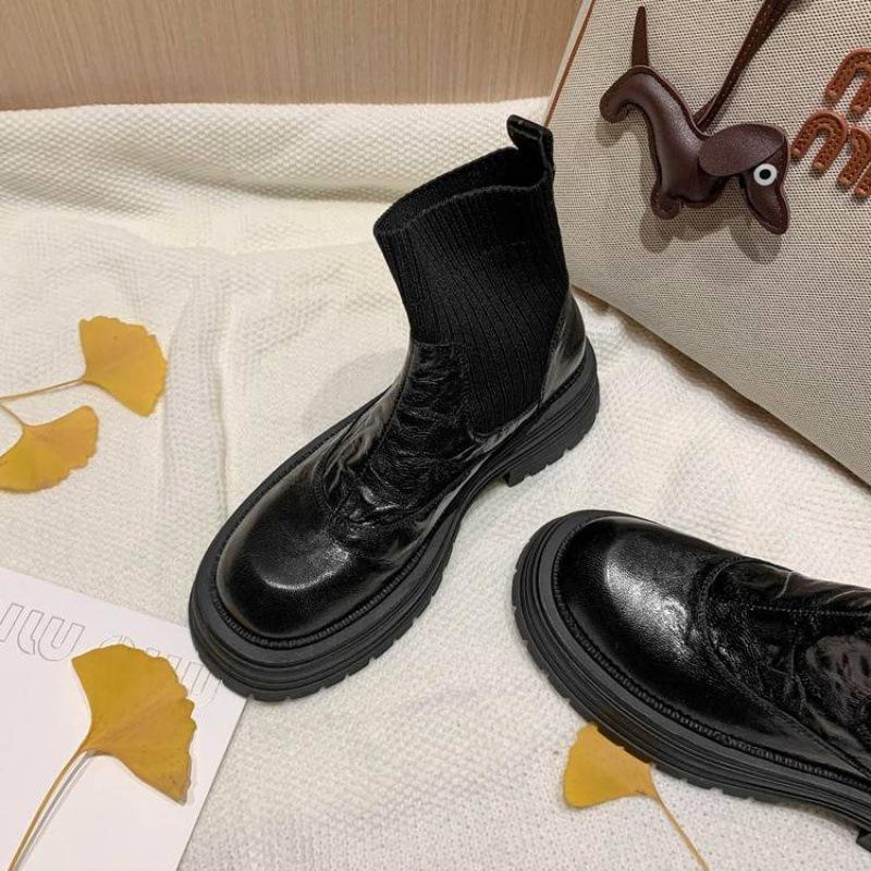 Versatile Thick-soled Sleeve Knight Boots Women's Medium Heel Round Head Solid Color Cowhide Low Boots Autumn and Winter Genuine Leather Large Size Wo