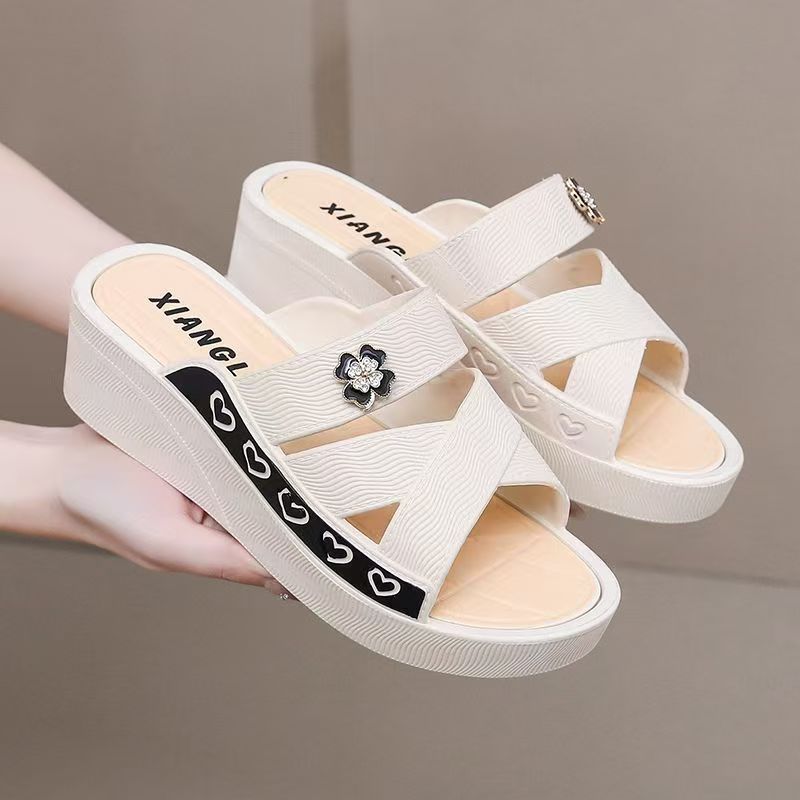 Summer new high-heeled women's drag slope heel thick bottom hollow non-slip fashion slippers factory