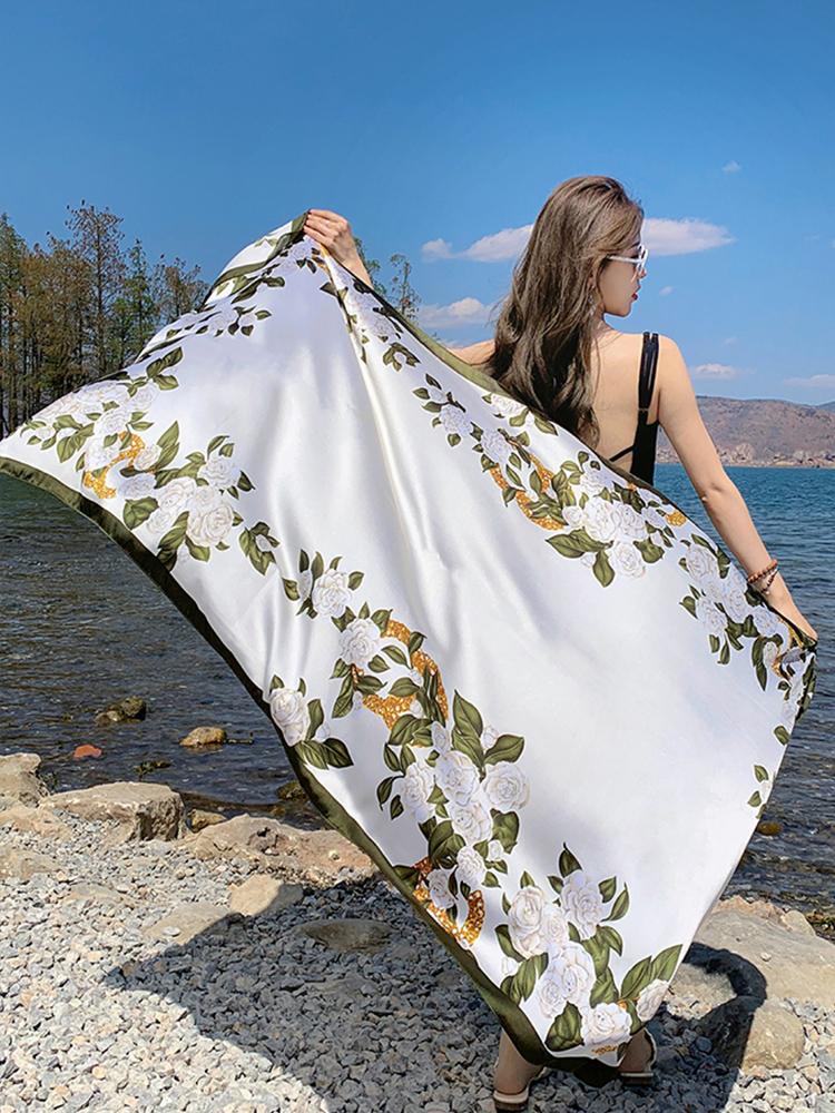 New Summer Luxury Elegant Women Silk Scarf Beach Long Wrap Shawls Satin Floral Print Bandana Hijab Mujer Scarves Pareo Foulard