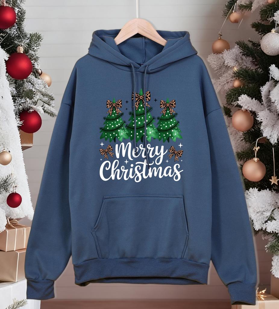 Merry Christmas Bow Trees Printing Hoody Men All-Match Autumn Sportswear Oversized Comics Streetwear Casual Fleece Hoodies