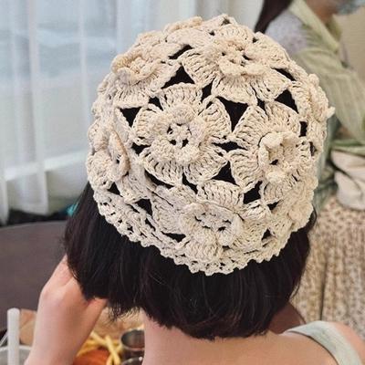 Thin Crochet Flower Knitted Hat Handmade Woven Cap Sweet Hollowed Out Beanie Cap  Outdoor