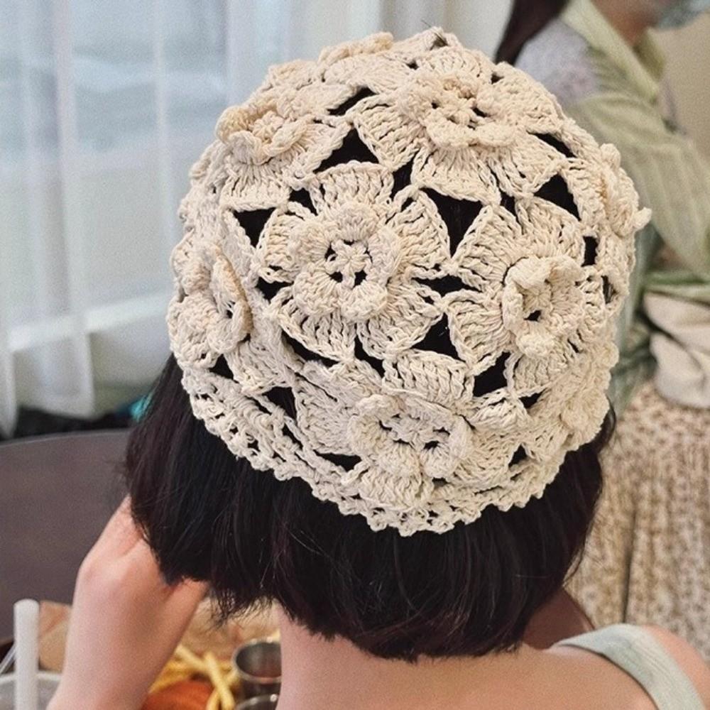Handmade Hollowed Out Beanie Cap Thin Woven Cap Cute Crochet Flower Knitted Hat  Outdoor