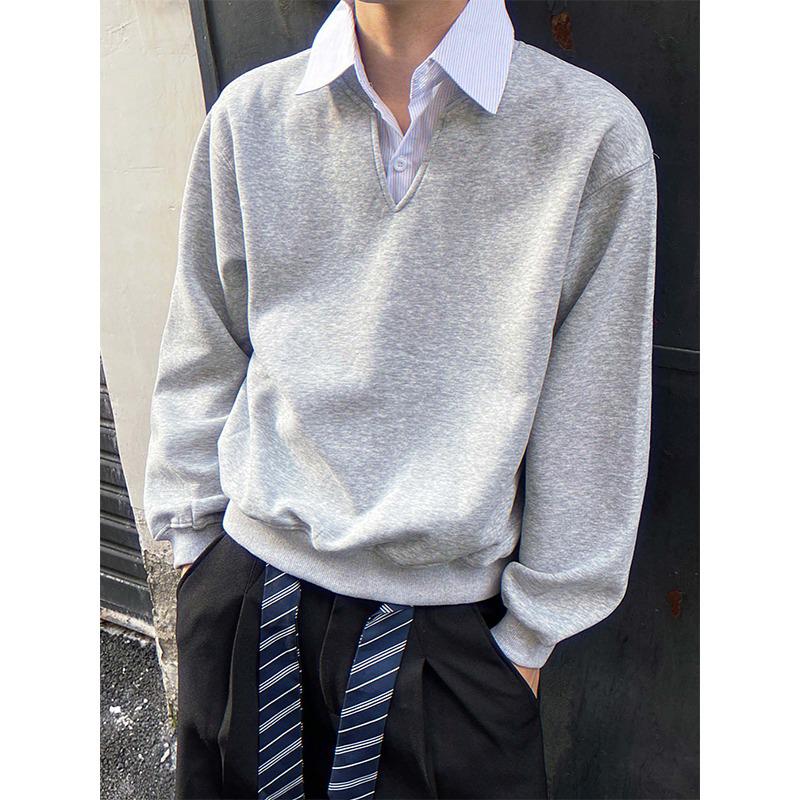 Men's White & Grey Striped Fake Two-Piece V-Neck POLO Hoodie, Autumn College Style, Boxy Short Wide Fit, Long Sleeve