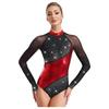 Womens Metallic Color Block Dance Leotard Mock Neck Long Sleeve Keyhole Back Shiny Rhinestones Gymnastics Figure Skating Costume