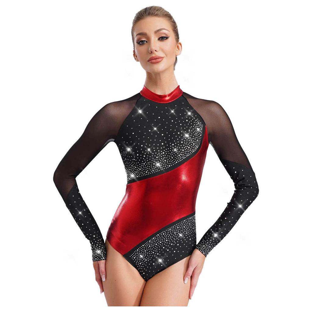 Womens Metallic Color Block Dance Leotard Mock Neck Long Sleeve Keyhole Back Shiny Rhinestones Gymnastics Figure Skating Costume