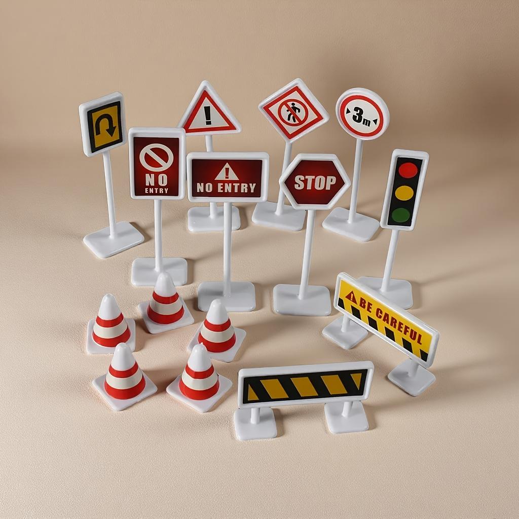 15Pcs Traffic Sign Model Standees, Mini Intersection Light & Barrier Ornaments