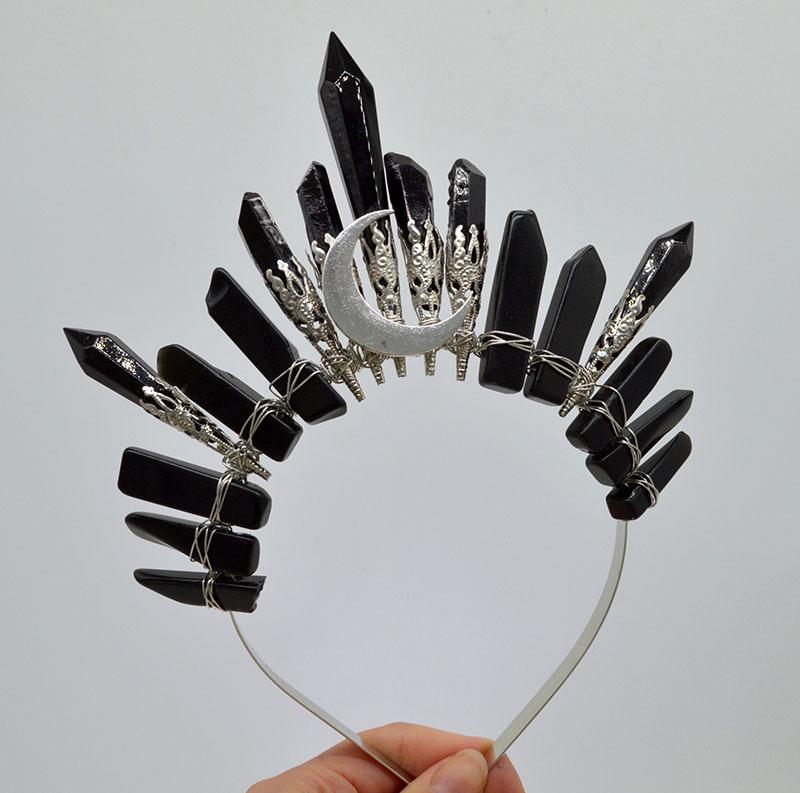Handmade Natural White Crystal & Silver Moon Crown Headband