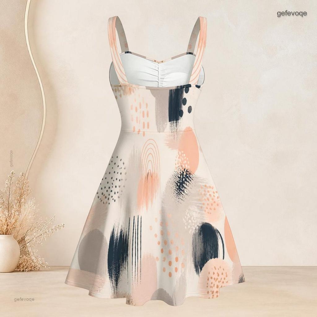 Women Plus Size Strappy Off Shoulder Sleeveless Square Neck Dress Printed Off White Blue Beige Fitted Waist Flared Hem