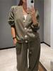 Autumn Winter Women's Set Fashion Single Breasted Casual Sports Suit Cardigan Top And Lace Up Pants Two-piece Sets Women