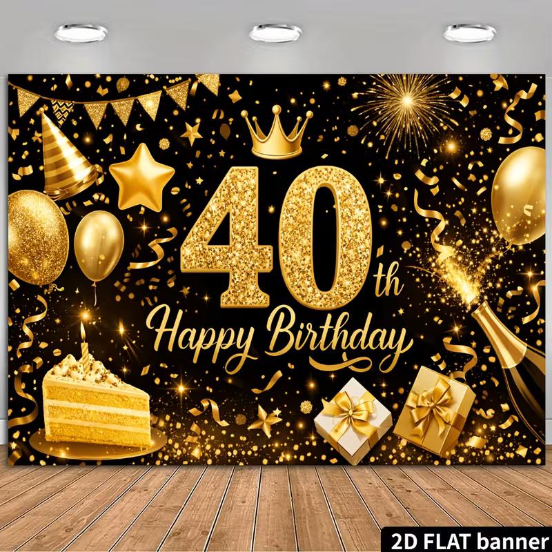 Fundal Banner 2D Negru Auriu cu Paiete Numărul 40 Zi de Naștere Coroană Balon Cadou Tort Fundal Foto