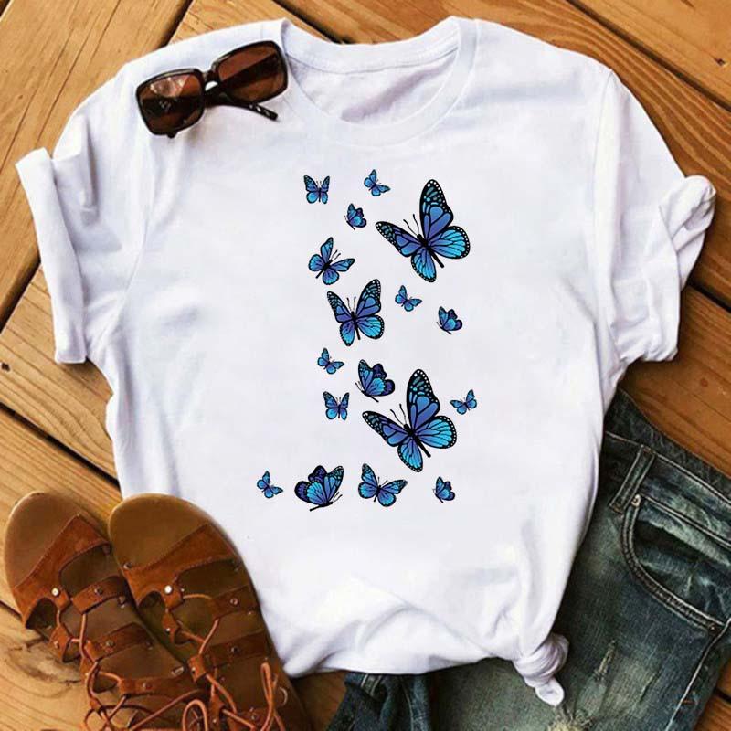 Summer Butterfly Print Plus Size Loose Round Neck Pure Cotton Short Sleeved Top T-Shirts Women’s Tees