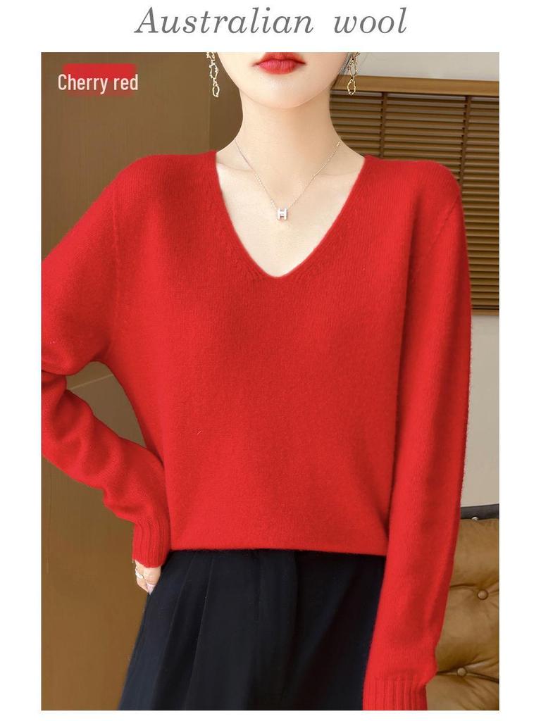 Minimalist 100% Wool V-Neck Sweater: Seamless, Solid Color, Long Sleeve, New Women's Knit