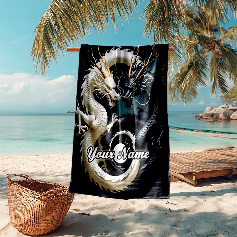 1PC Custom Name "Yin Yang Dragons Tattoo Design" Beach Towel Highly Absorbent And Sand-Resistant Towel for Swimming, Pool, Yoga, And Travel Lightweigh