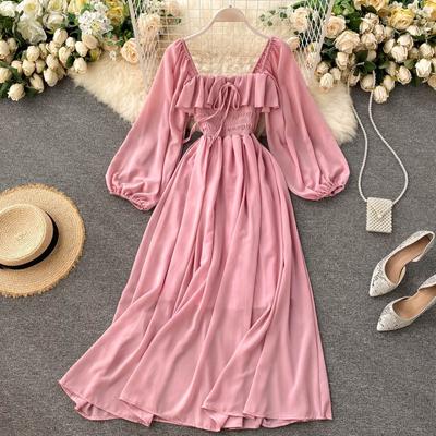 Chic Gentle Style Dress Autumn New Women's French Retro Square Neck Western Style Bubble Sleeve Chiffon Skirt