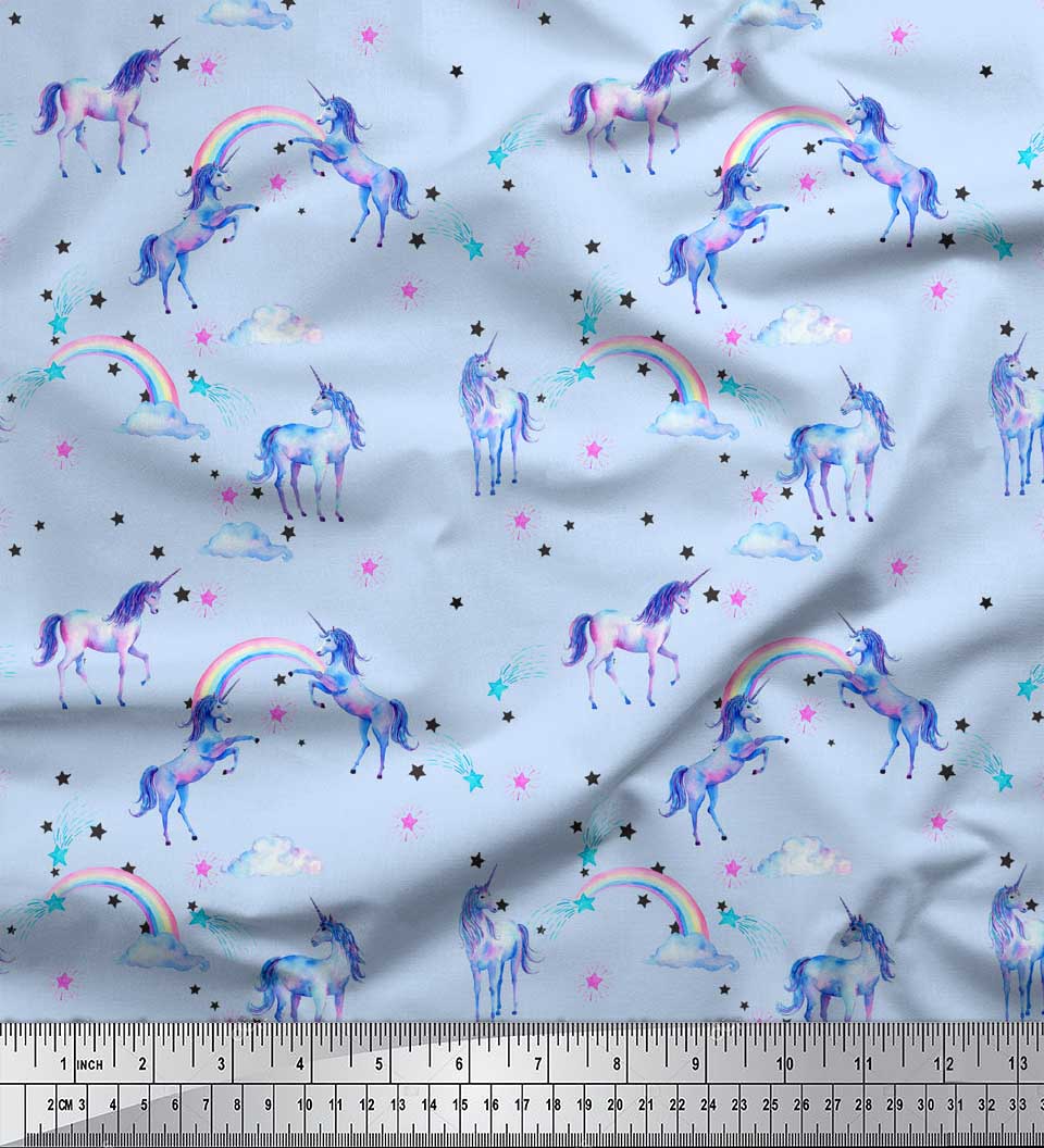 

Ткань для рукоделия Soimoi Blue Japan Crepe Satin Fabric Единорог и радуга с принтом природы на метр 42 дюйма 42 Inch Wide - Poly Crepe синий