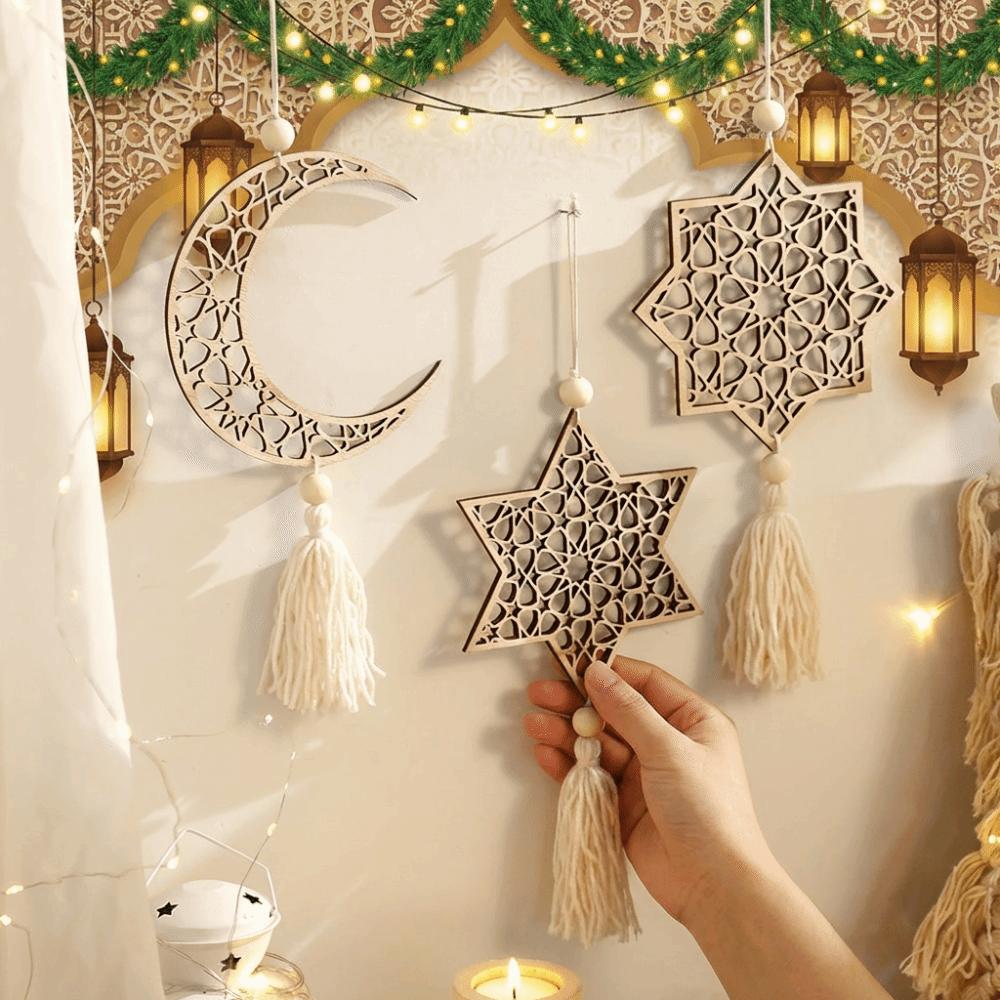 with Tassels Moon Star Hollow Mesh Wall Decor Handmade Wooden Handicraft Pendant Home Decoration