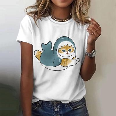 Sommer Lässig Einfach Damen Weißes T-Shirt Modisches Bedrucktes Cartoon-Muster Top Vielseitig Locker Rundhals Kurzarm T-Shirt