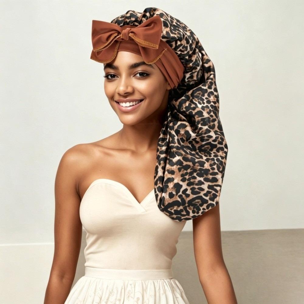 Leopard Print Silk Hair Bonnet Bowknot Design Hair Protector Bonnet Anti-UV Head Scarf  For Women