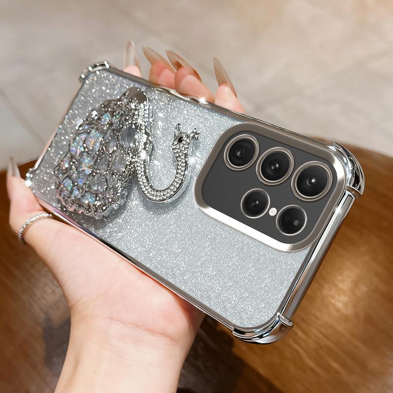 KEYSION Shockproof Plating TPU Phone Case for Samsung S24 S25 Ultra S25+ Glitter Jewelled Swan kickstand Cover for Galaxy S24 S25 FE 5G