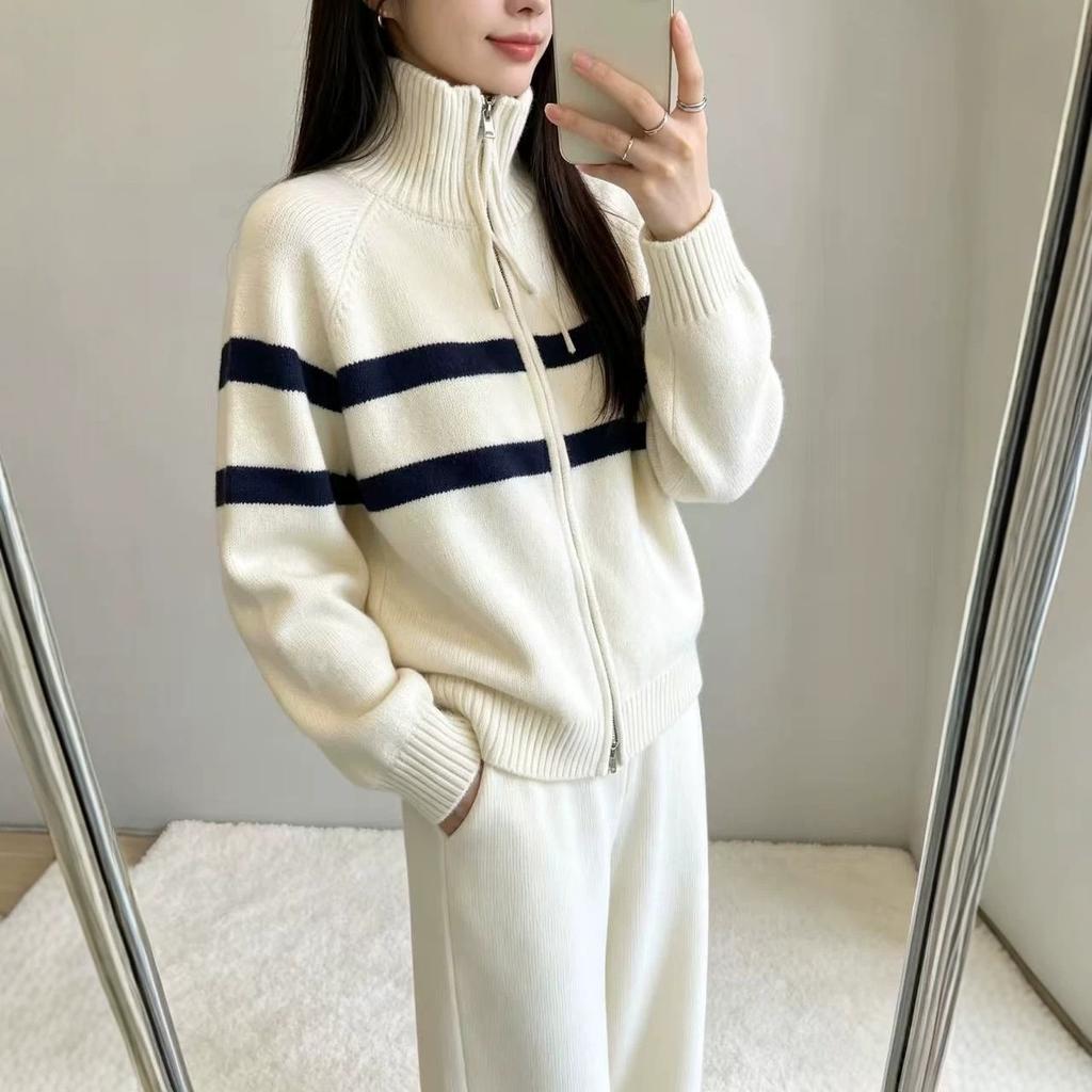 Contrasting striped zipper turtleneck sweater cardigan women's autumn and winter new design sense loose and thin versatile outerwear top