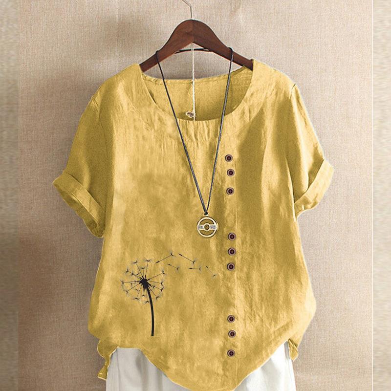 Women's Fashion Black Dandelion Prined Short Sleeve T-shirt Loose Cotton Shirt Casual Loose Summer Plus Size Blouse Tops