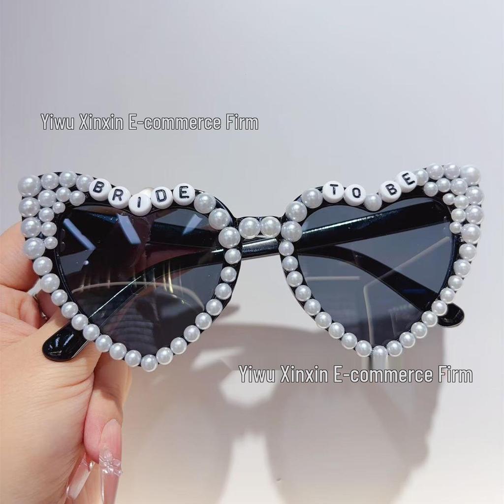 Crystal Heart Bride Sunglasses with Rhinestones & Pearls - Women's Bachelorette Party Accessory