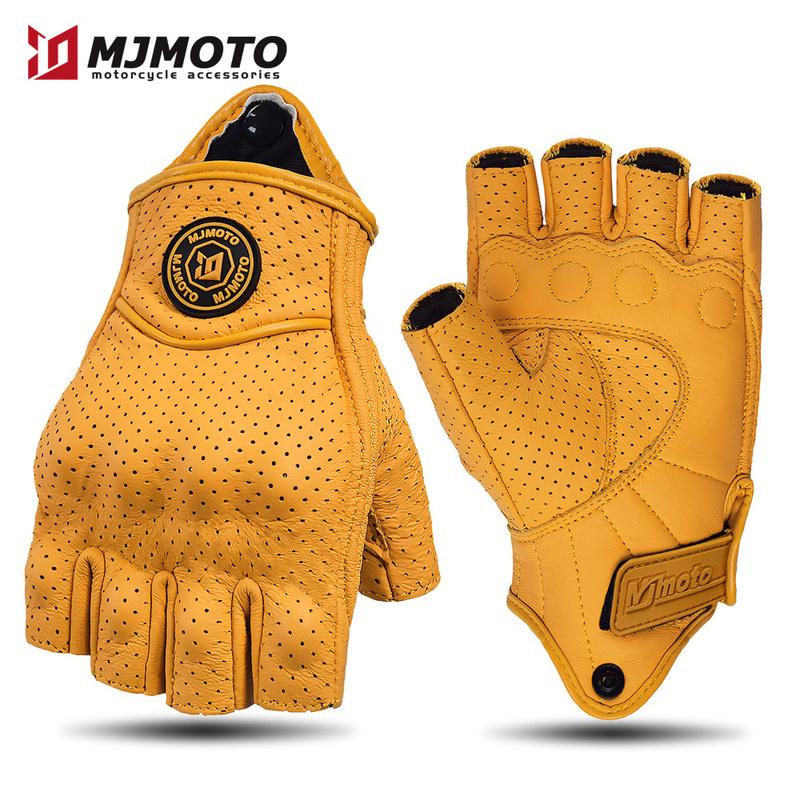 MJMOTO Retro Leder Motorrad Halbfingerhandschuhe Touchscreen Motocross Handschuhe Hartschalen Schutz Motorradhandschuh Atmungsaktiv