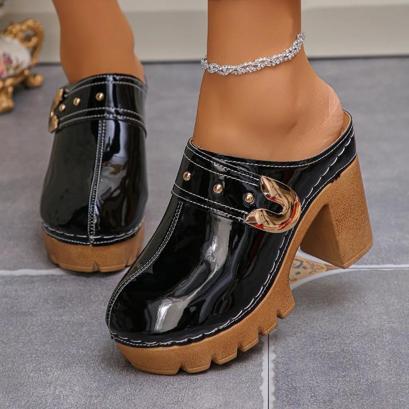 Damskor Chunky Högklackade Mules Tofflor Enfärgade Baotou Romerska Tofflor Plattform Slip-on Skor
