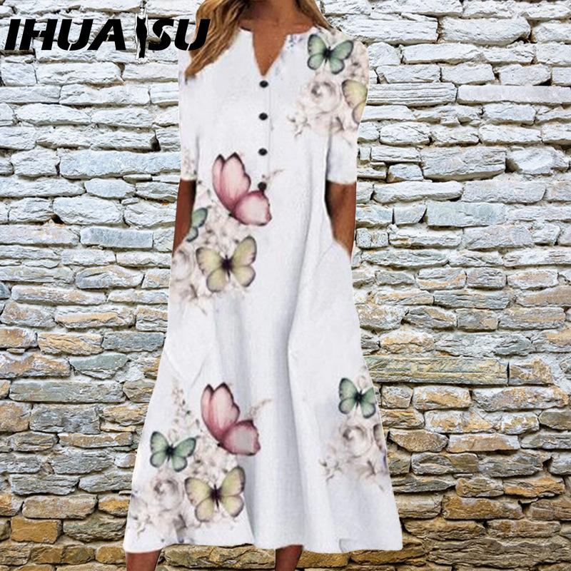 IHUASU Vestidos Elegantes Femininos Decote V Manga Curta Botão Vestido de Festa Feminino Verão Estampa Vintage Vestido Casual Solto Floral Vestidos Femininos