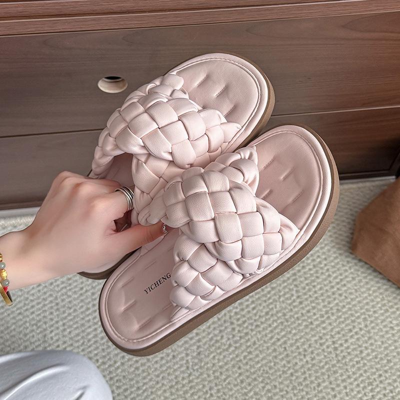 Woven Sofa Slippers Silver Crossed Slippers Women's Soft Bottom Summer Wear Handmade One-word Drag