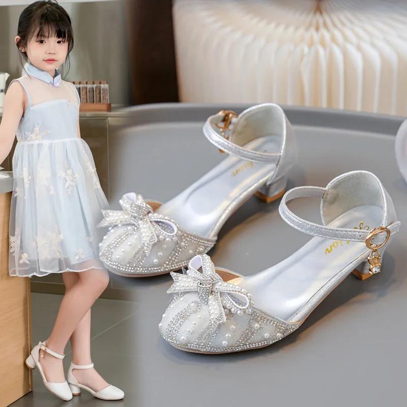Girls' Bow Sandals 2024 Summer New Fashion Princess Shoes for Party Wedding Kids Rhinestone High Heels Children's Leather Shoes