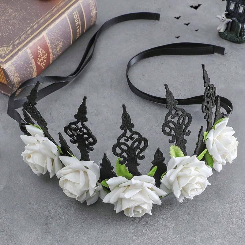 Bohemian Gothic Zombie Bride Headpiece - Black Rose Halloween Costume Accessory