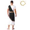 Mens Ancient Roman Toga Dress Up Costume Short Sleeve Gold Trim Design Cosplay Robe Artificial Leaf Headwear