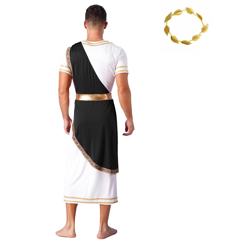 Mens Ancient Roman Toga Dress Up Costume Short Sleeve Gold Trim Design Cosplay Robe Artificial Leaf Headwear