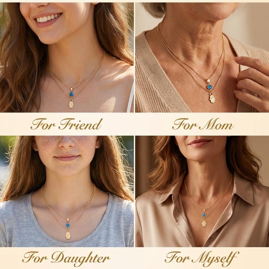 Minimalist Double Layered Evil Eye Hamsa Hand Necklace for Women Turkish Blue Eye Pendant Choker Party Aesthetic Amulet Jewelry
