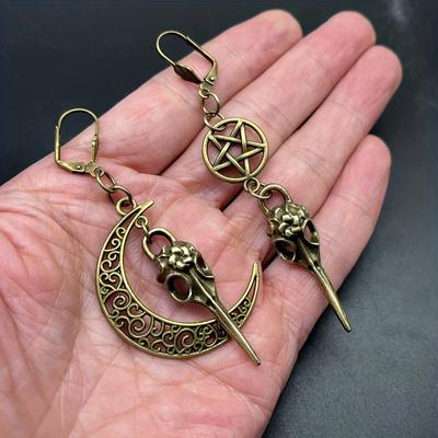 Brincos assimétricos com pentagrama de caveira de corvo, brincos pendurados, estilo retrô punk, joias de liga, acessórios para clube de Halloween