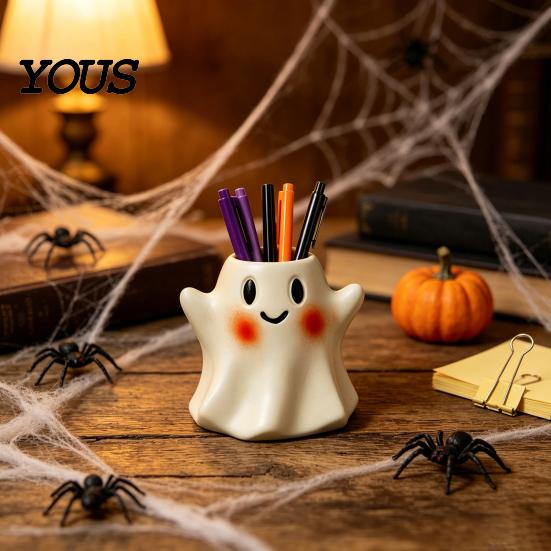 Funny Holiday Gifts for Friends Ghost/Skull Shape Pen Holder, Resin Desktop Organizer, Halloween Gothic Accessories Decorative Storage