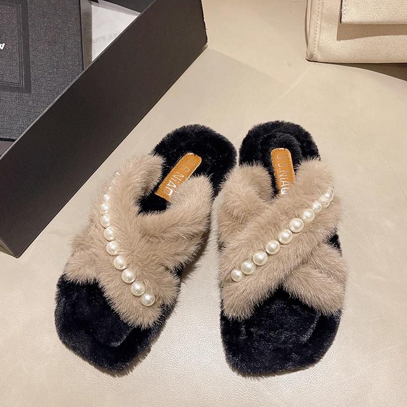 

Мода 2024 женские тапочки из флока роскошные шлепанцы меховые шлепанцы на платформе новые дизайнерские плюшевые мягкие плоские туфли с мехом римские резиновые модные 35 хаки