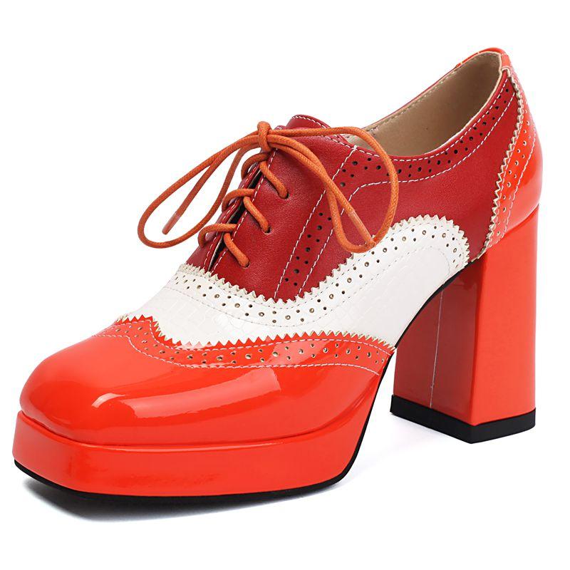 Shiny Fashion Women Pumps Square Toe Chunky Heels 9.5cm Platform 2cm Lace Up Mixed Color 44 45 46 47 48 Dating Shoes 35
