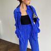 Casual High Wasit Pleated Pants Set Women Autumn Long Sleeve Blouses Matching Wide Trousers Suit Green Pleated 2 Piece Pant Sets
