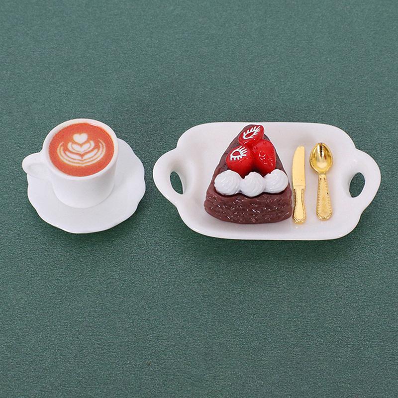 1 Set 1:12 Dollhouse Miniature Coffee Cup Cake Dessert Fork Spoon With Dinner Plate Kitchen Model Micro Landscape Decoration Toy